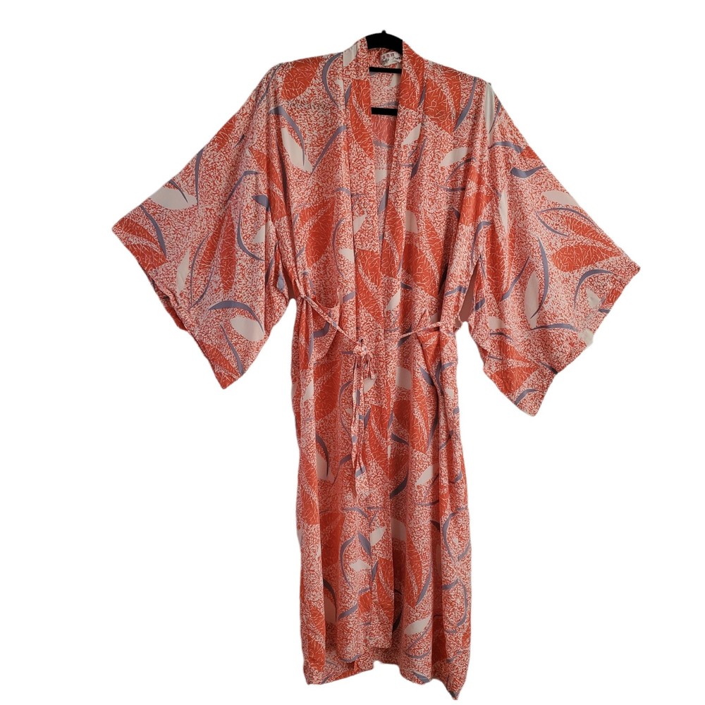 Golden Deer 100% Silk Robe Kimono Coral Orange Botanical Leaf Floral OSFM